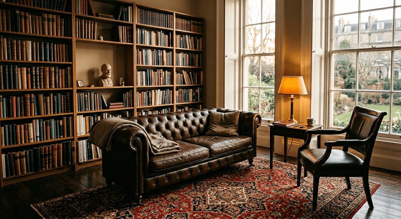 A serene psychoanalytic therapy office with a classic leather couch, warm lighting, and bookshelves
