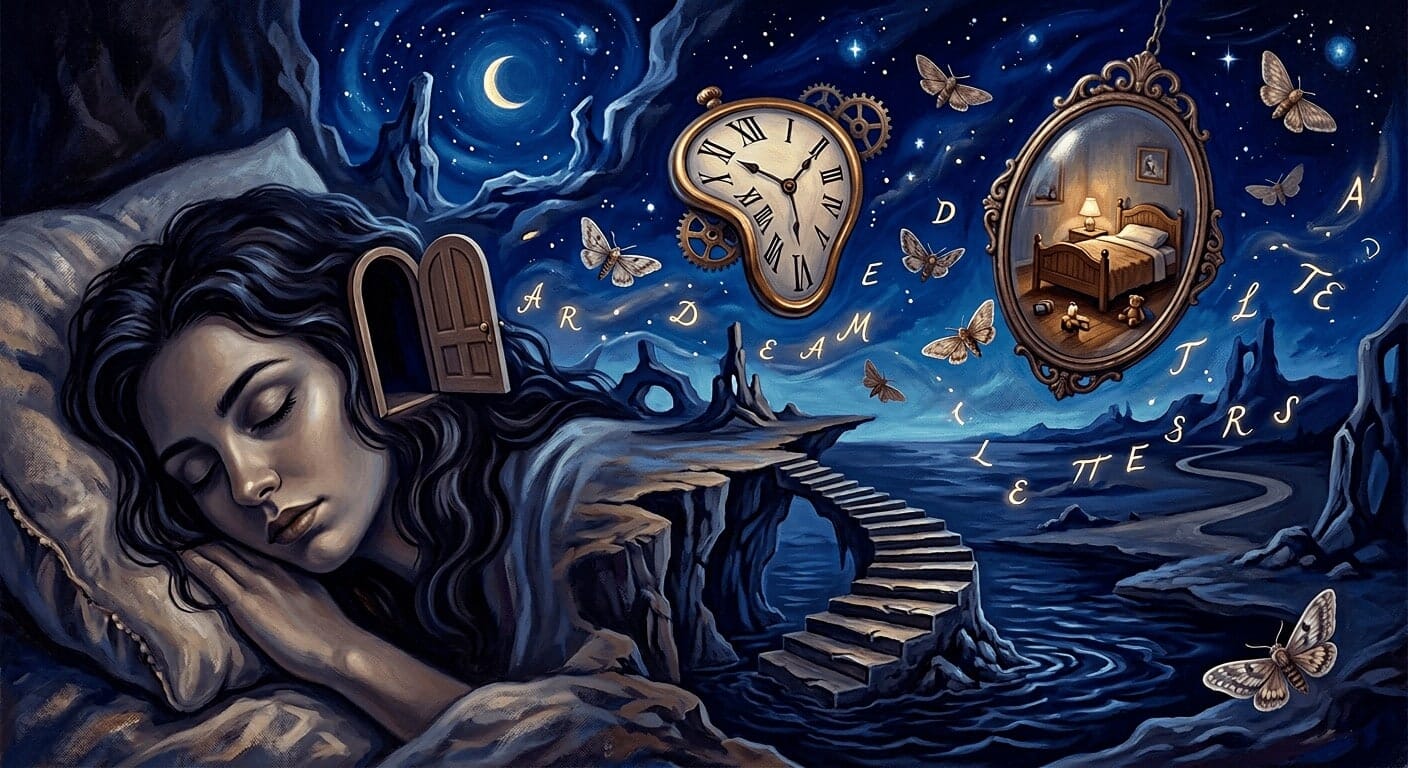 Surreal dreamscape representing the Freudian unconscious mind, fragmented memories and symbolic imagery