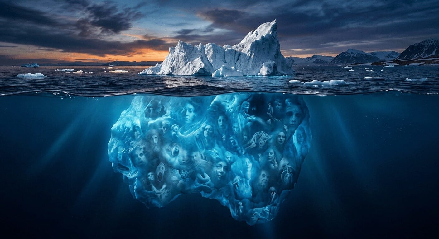 Iceberg metaphor showing the conscious mind as the small visible tip above water and the vast unconscious below