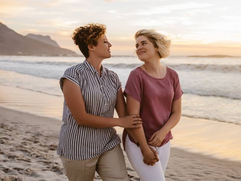 Lesbian couple, two women walking on the beach