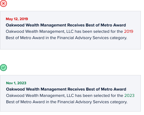 Outdated news blurb with 2019 date shown versus a more recent 2023 news blurb