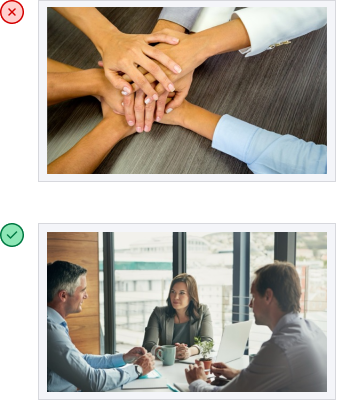 Cliché image of peoples hands on top of eachother versus a more authentic image of people meeting at a table