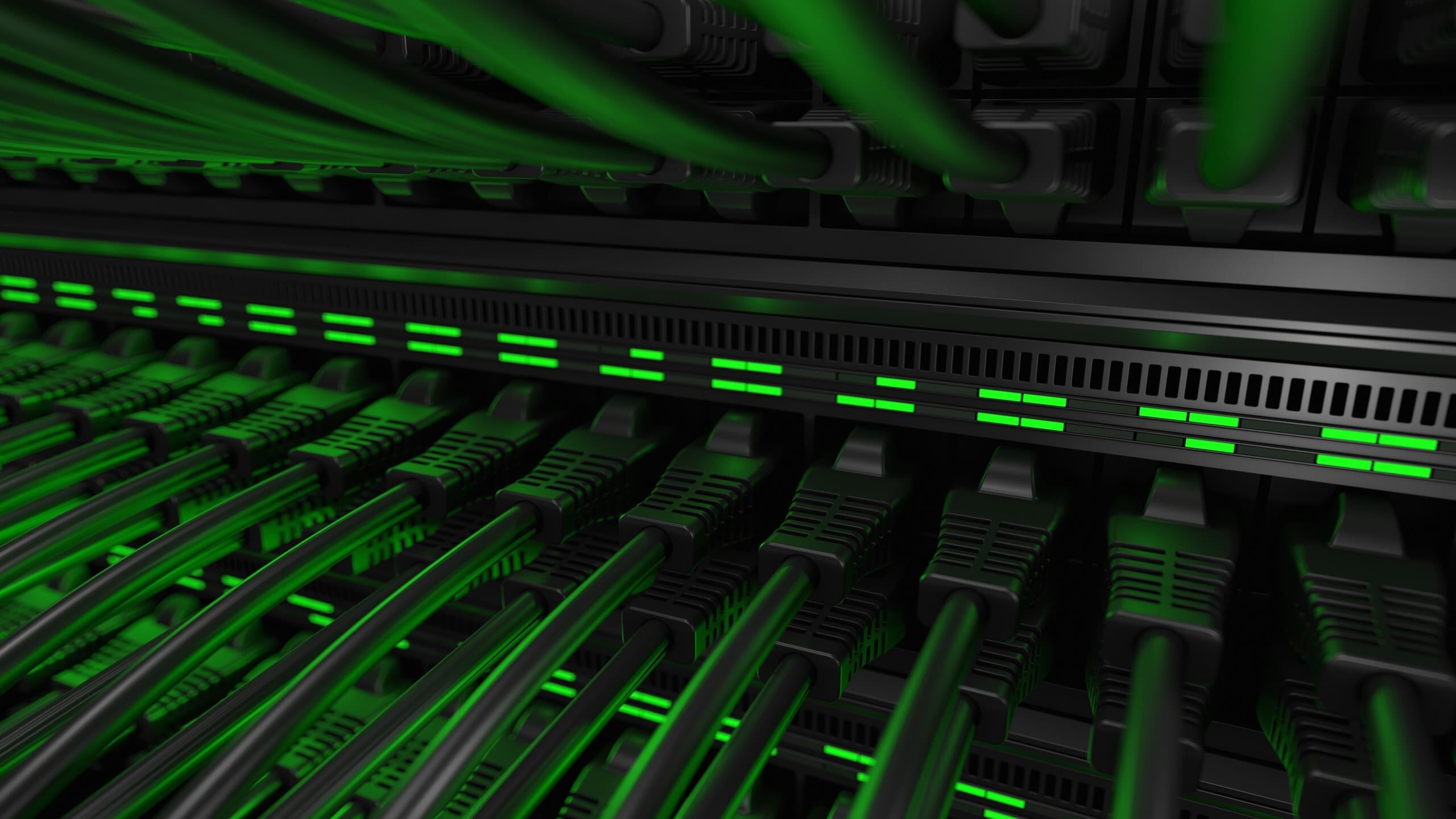 Web server with green lights in a dark room