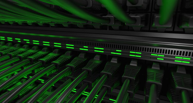 Web server with green lights in a dark room