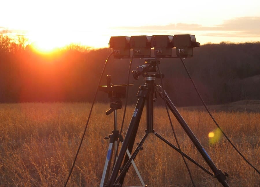 Sensor equipment in the field at sunset