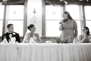 Black and white photo of Maid of Honor giving her speech at Spring Hill wedding