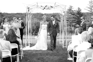 Black and white of outdoor wedding ceremony in Maine