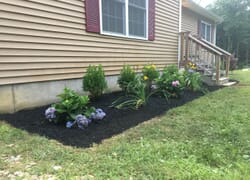 Side yard of New Hampshire home showing planting bed